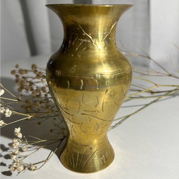 Vintage Etched / Engraved Brass Vase Set of 2 - Picture 7 of 8